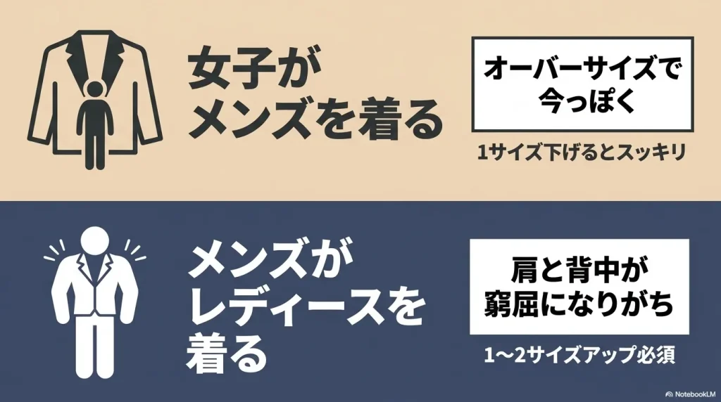 女子がメンズモデルを着る場合と、メンズがレディースモデルを着る場合のサイズ選びの注意点