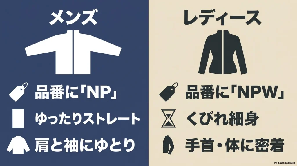 コンパクトジャケットのメンズ(品番NP、ゆったり)とレディース(品番NPW、細身)のシルエットと品番の違い