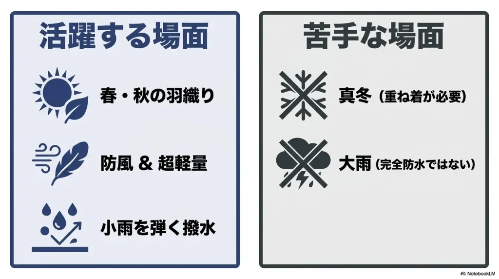 コンパクトジャケットが活躍する春秋の場面と、重ね着が必要な真冬など苦手な場面の比較表