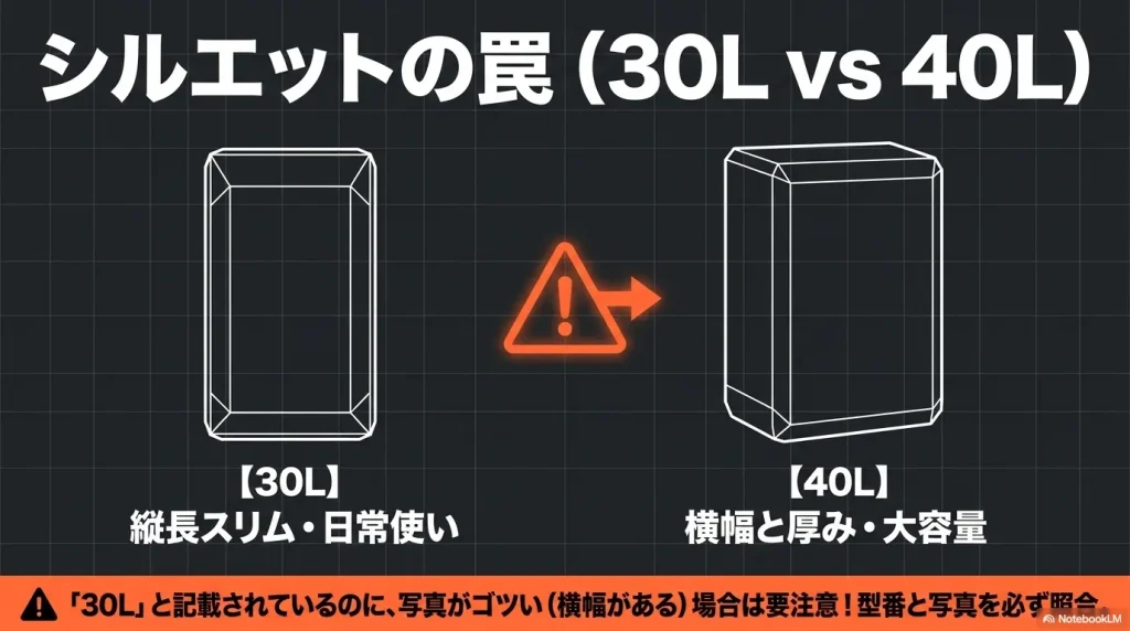 縦長スリムな30Lと、横幅と厚みがある大容量な40Lのシルエットの違いと購入時の注意点