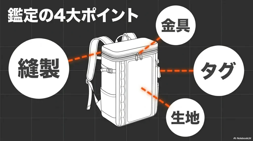 ヒューズボックスの真贋を見極めるための4大ポイントである金具、縫製、タグ、生地