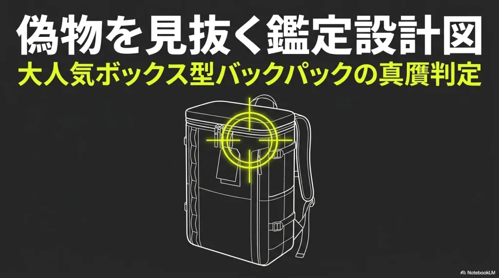 ノースフェイスの大人気ボックス型バックパック「ヒューズボックス」の真贋判定を行うための鑑定設計図