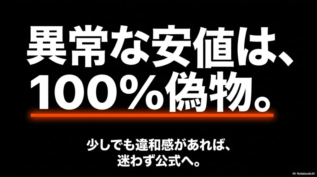 異常な安値は100%偽物であるという警告と、少しでも違和感があれば公式で購入すべきというアドバイス
