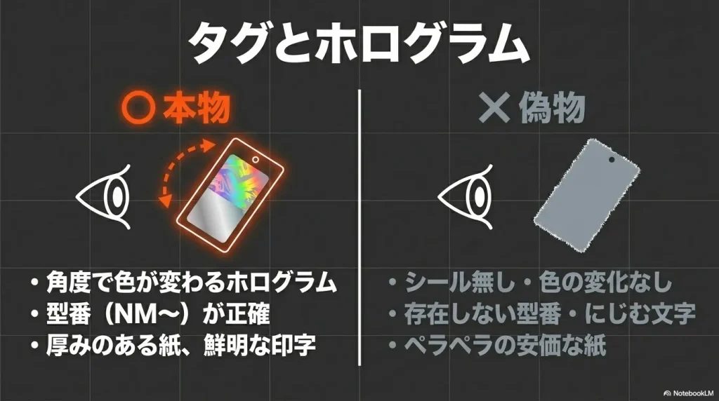 正規品と偽物のヒューズボックスにおけるタグの型番印字や角度で色が変わるホログラムシールの違い