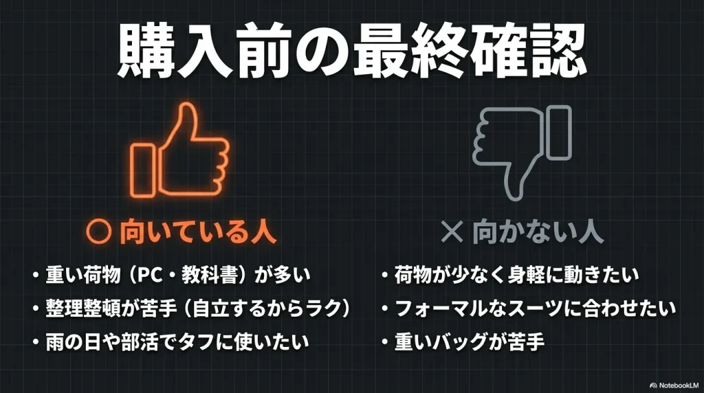 重い荷物が多い人などヒューズボックスが向いている人と、荷物が少なく身軽に動きたい人など向かない人の比較