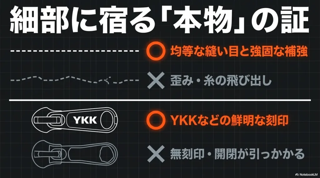 均等な縫い目やYKKなどの鮮明な刻印といった、ヒューズボックスの細部に宿る本物の証