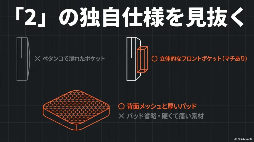 立体的なフロントポケットや背面メッシュの厚いパッドなど、ヒューズボックス2特有の仕様
