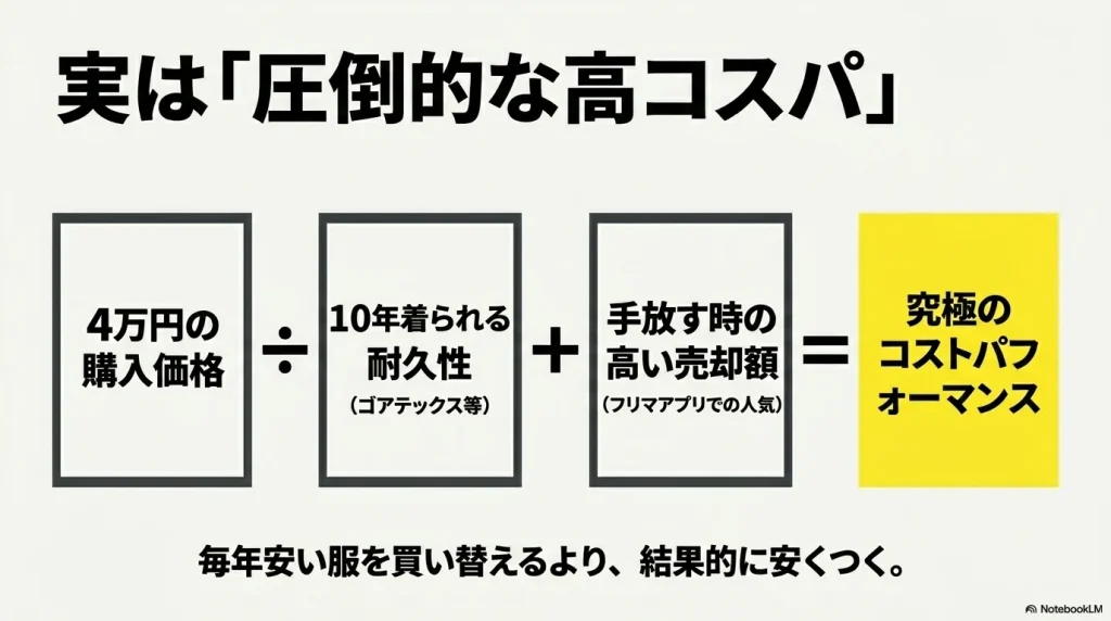 4万円の購入価格でも10年着られる耐久性と手放す時の高い売却額があるため、結果的に究極のコストパフォーマンスになることを示す図