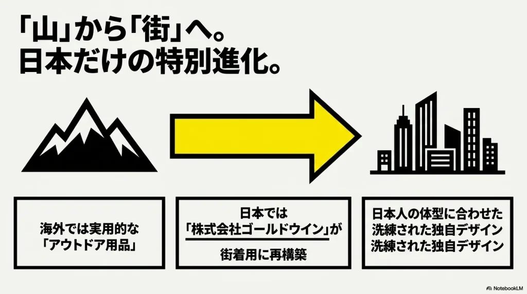 マウンテンライトジャケット、ヌプシ、サミットシリーズ、パープルレーベルなど、自分に合うモデルはどれかを分類した図