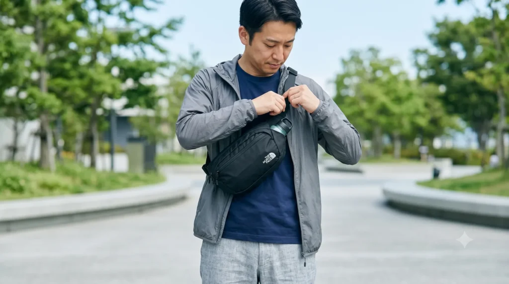 滑りやすい素材の服の上からでも、ストラップを短く調整して体にピタッと密着させることで、ズレ落ちを劇的に防ぐノースフェイスのスウィープの着用方法。アジア人の男性モデル。