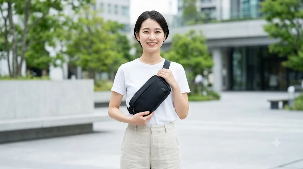 きれいめカジュアルな服装にマッチする、ノースフェイスのオリオンのミニマルな着用例。ストラップを短く調整して胸元に密着させることで、上品で洗練された印象を与えるアジア人女性モデル。都会的な屋外の背景。