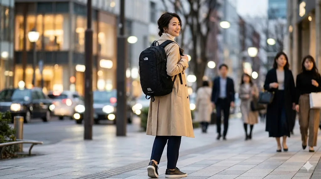 東京の洗練された街並みで、アジア人の女性がトレンチコートに合わせてノースフェイスのホットショットリュックを背負いている、アーバンでスタイリッシュなコーディネート例。ダサいというイメージを覆す都会的な着用。