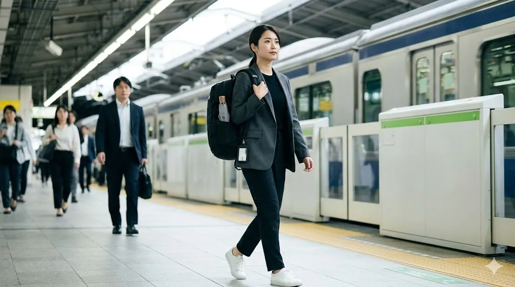 都市部の駅構内で、アジア人の女性がノースフェイスのホットショットリュックを背負い、スマートに移動している、通勤・通学やタウンユースでのスリムな着用イメージ。