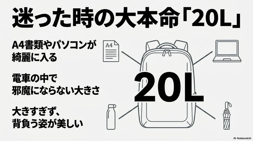 迷った時の大本命は20Lサイズ。A4書類が綺麗に入り、電車の中でも邪魔にならない大きさ。