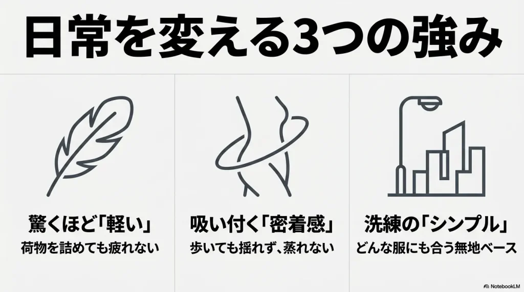 サロモンのリュックの日常を変える3つの強み。驚くほどの軽さ、吸い付く密着感、洗練されたシンプルさ。