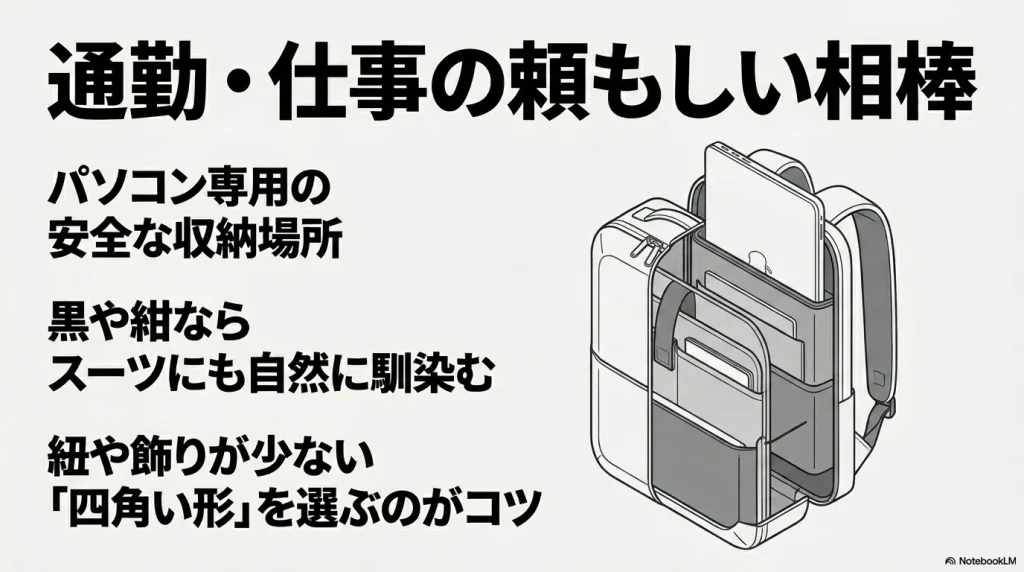 通勤や仕事の頼もしい相棒となるサロモンリュック。パソコン専用の安全な収納場所がありスーツに馴染む四角い形。