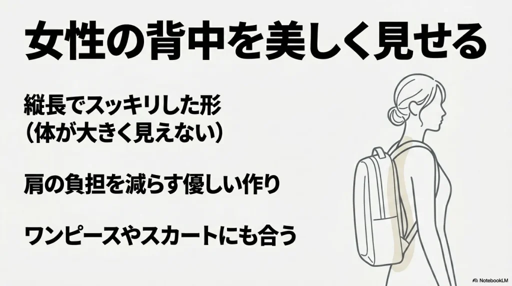女性の背中を美しく見せるサロモンのリュック。縦長でスッキリした形でワンピースやスカートにも合う。