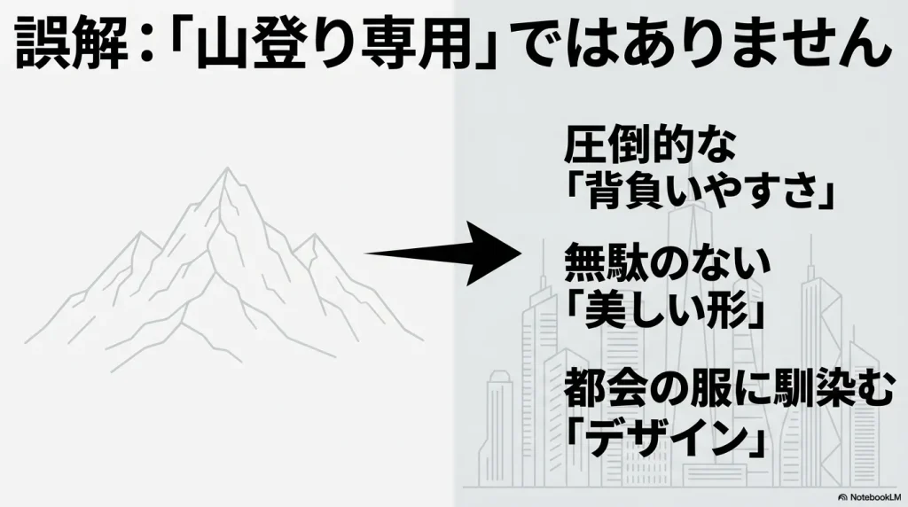 サロモンのリュックは山登り専用ではなく、圧倒的な背負いやすさと都会の服に馴染むデザインが魅力。