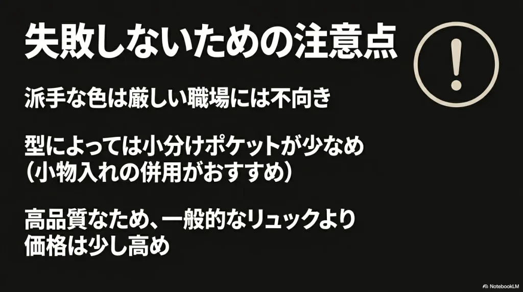 サロモンリュック選びで失敗しないための注意点。厳しい職場での派手な色や、小分けポケットの少なさに注意。