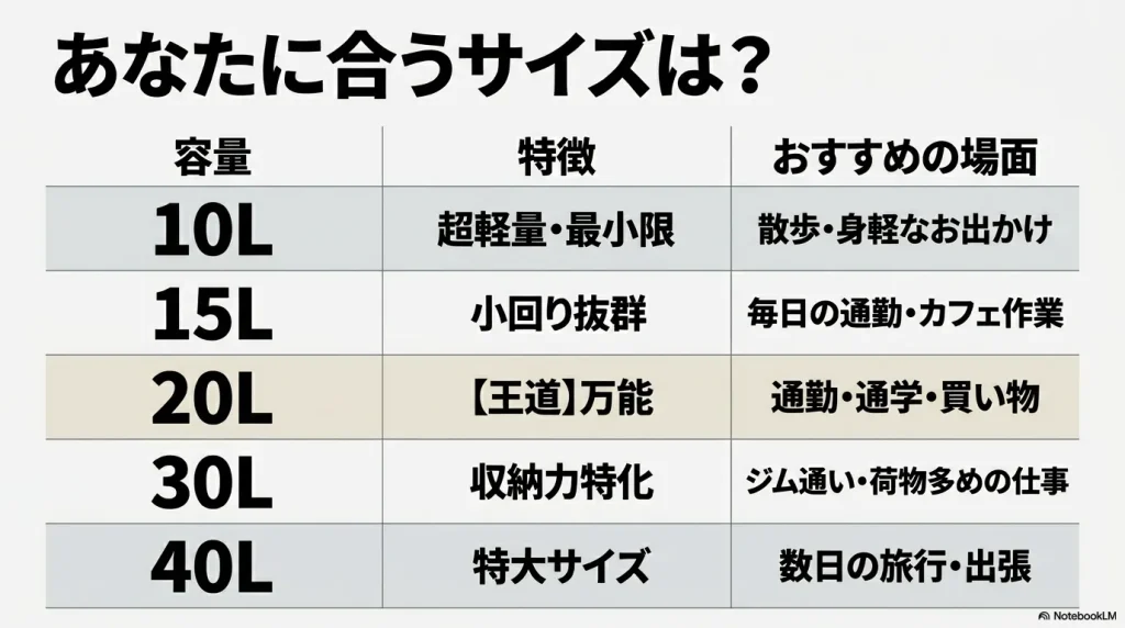サロモンのリュック容量別サイズガイド。10L、15L、20L、30L、40Lの比較とおすすめの場面。