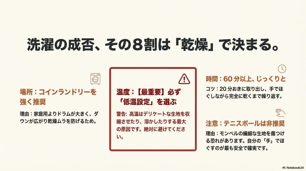 コインランドリーの低温設定推奨、60分以上の乾燥時間、テニスボール非推奨を説明するアイコン。