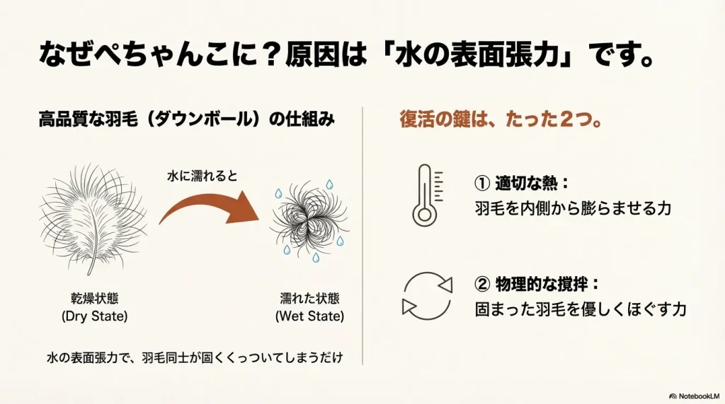 乾燥状態と濡れた状態の羽毛の比較イラスト。水の表面張力で固まった羽毛を熱と撹拌でほぐす仕組みの解説。