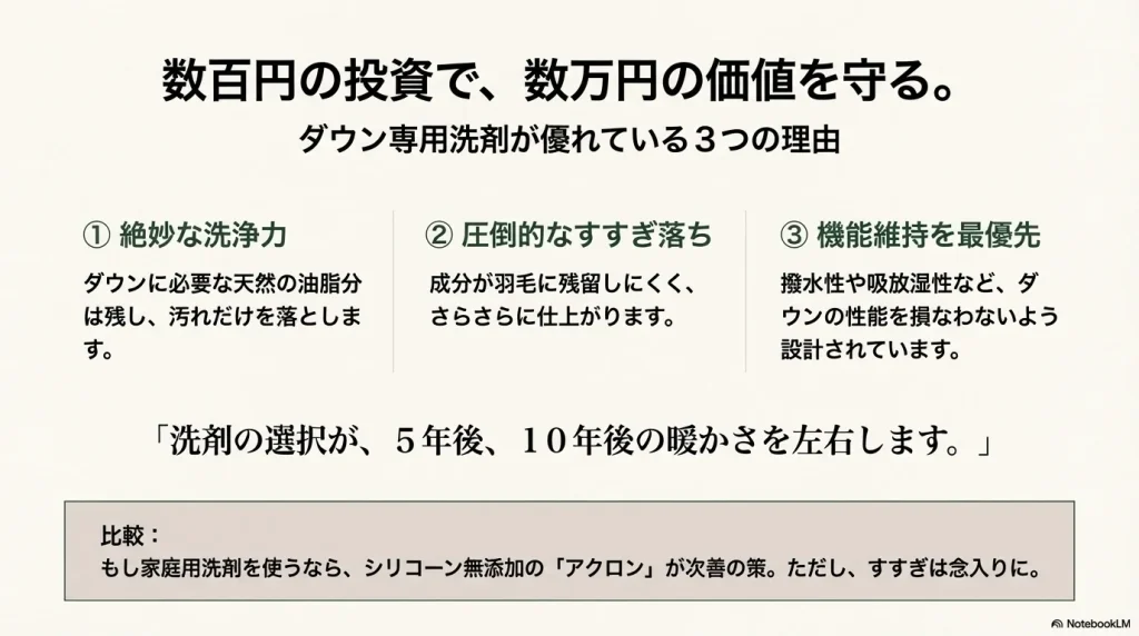 ダウン専用洗剤の洗浄力、すすぎ落ち、機能維持のメリットと、アクロンを使用する際の注意点の比較。