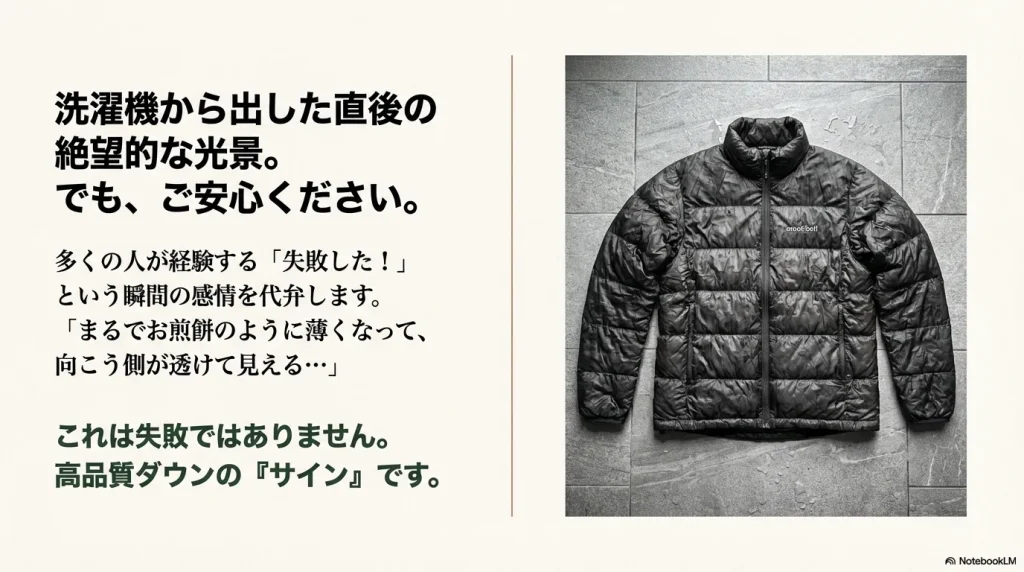 洗濯機から出した直後の、濡れて薄くなり透けて見えるモンベルのダウンジャケット。