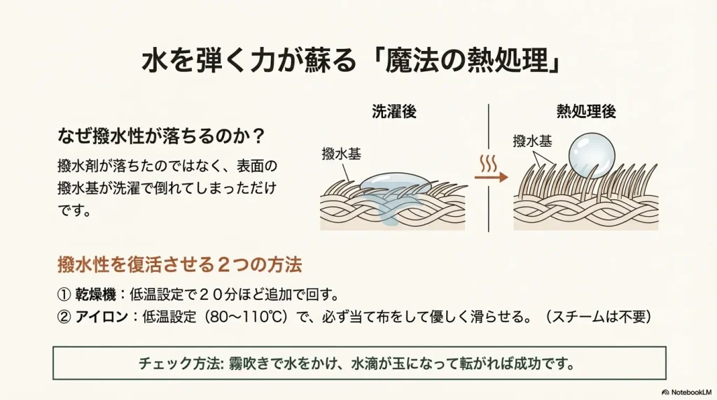 洗濯で倒れた撥水基が、熱処理によって再び立ち上がり水を弾くようになる仕組みの図解。