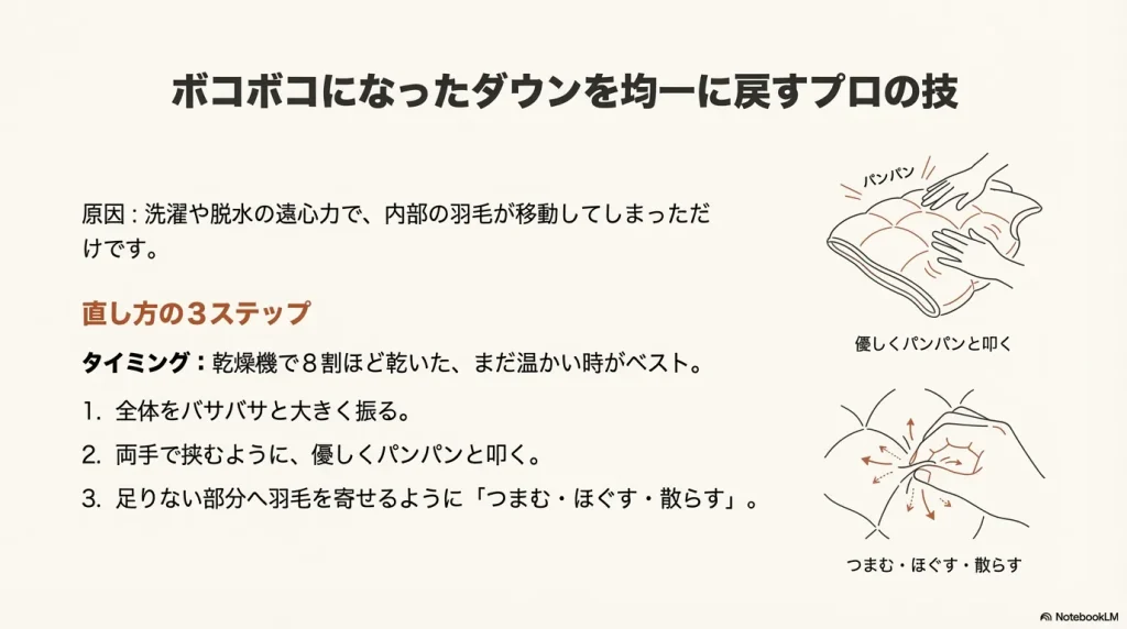 両手でダウンを優しく叩く様子と、指先で羽毛をつまんでほぐし散らす手順のイラスト。