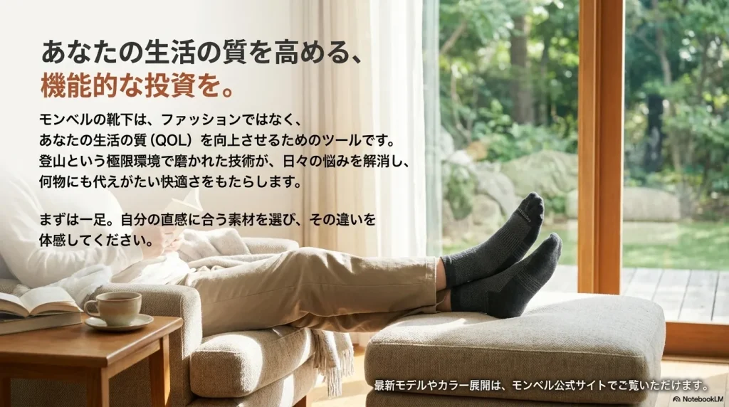 モンベルの靴下は生活の質を向上させるツールであるという結び