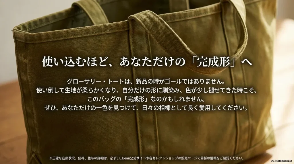 使い込まれて馴染んだグローサリートートを長く愛用することを推奨するメッセージ。