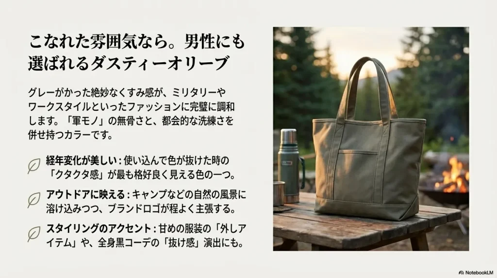 キャンプなどのアウトドアシーンに馴染むダスティーオリーブのグローサリートート。