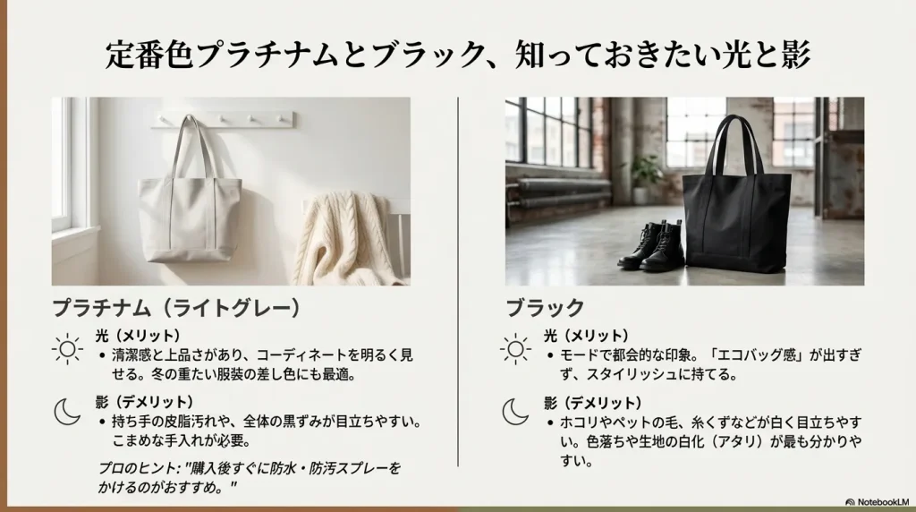 清潔感のあるプラチナムと、都会的でモードなブラックの比較画像。