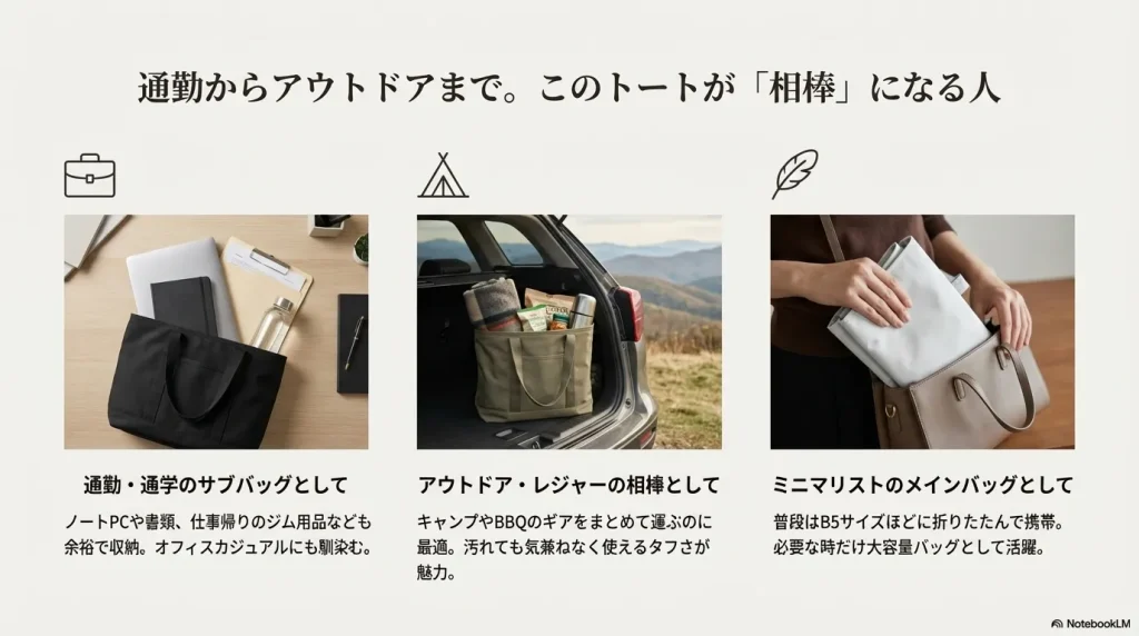 PCを入れた通勤サブバッグ、キャンプギアを積んだ車内、コンパクトな折りたたみ例。