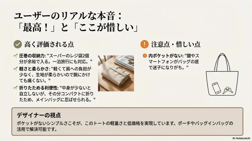 収納力や軽さの評価と、内ポケットがない不便さを解消するポーチ活用の提案。