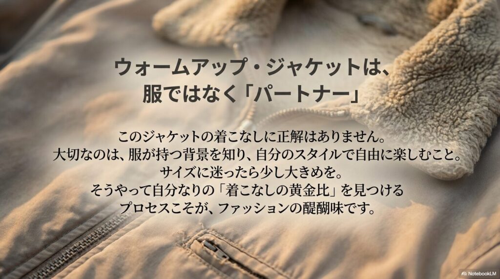 「服ではなくパートナー」というメッセージと共に、サイズ選びの楽しさを伝えるクロージング画像。