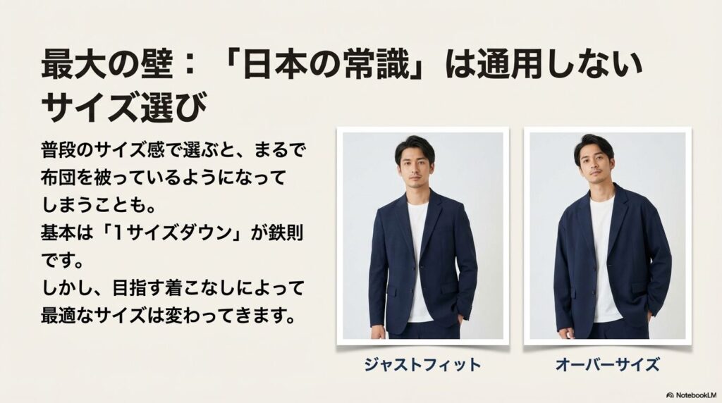 ジャストフィット、リラックス、シティボーイスタイルそれぞれの着用イメージ図解。