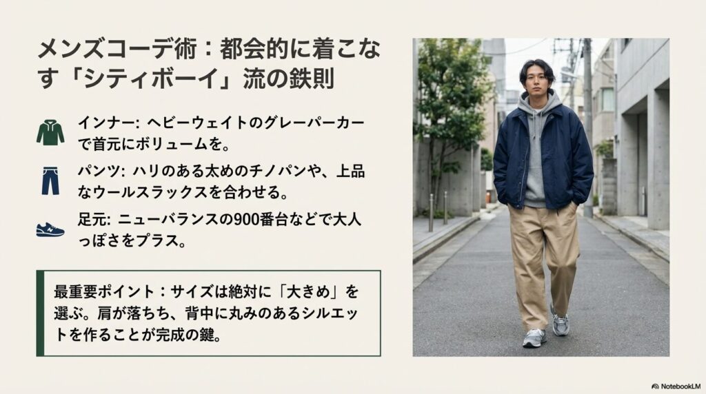 ネイビーのジャケットにグレーパーカー、チノパンを合わせた都会的なメンズファッション。