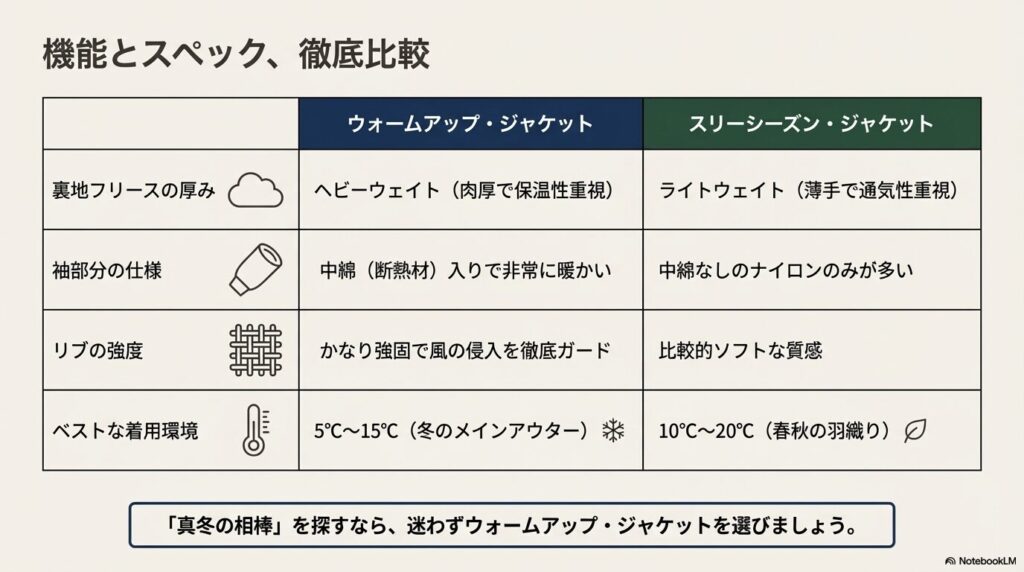 裏地の厚み、袖の仕様（中綿の有無）、リブの強度、推奨温度帯を比較した図解表。
