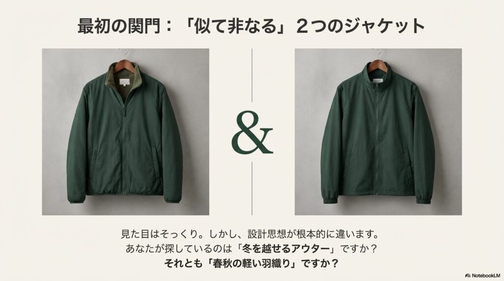 ハンガーに掛けられたグリーンのL.L.Beanウォームアップ・ジャケットの前面写真。