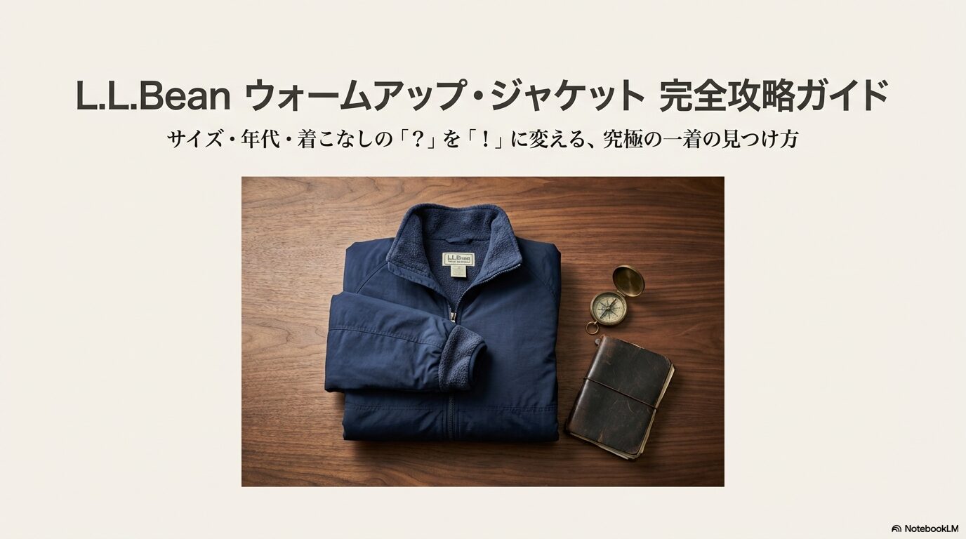 L.L.Beanのネイビーのウォームアップ・ジャケットとコンパス、ノートが置かれた、ガイドの表紙画像。