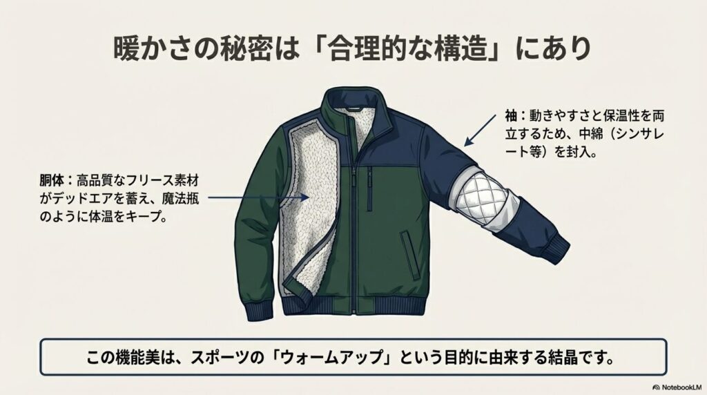 胴体部分のフリース素材と袖部分の中綿（シンサレート）構造を示した機能説明図。
