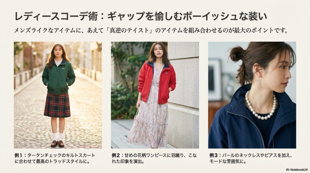 チェックスカートやワンピース、パールネックレスを合わせた女性向けの着こなし例。