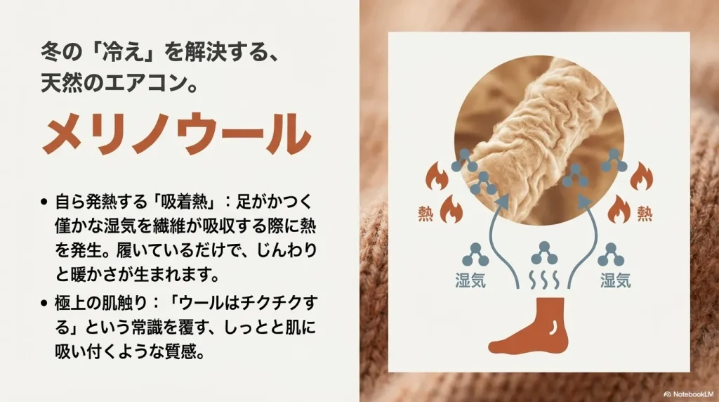 メリノウールが湿気を吸って熱を発生させる吸着熱の仕組み図解