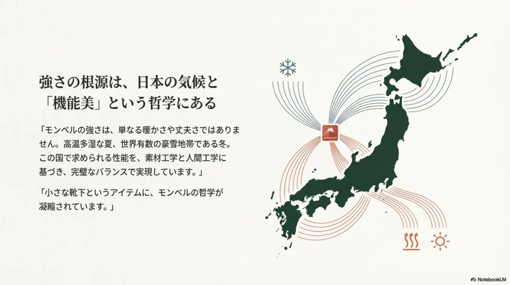 日本地図とモンベルのロゴ、高温多湿な夏と豪雪の冬に対応する独自の素材哲学を示す図