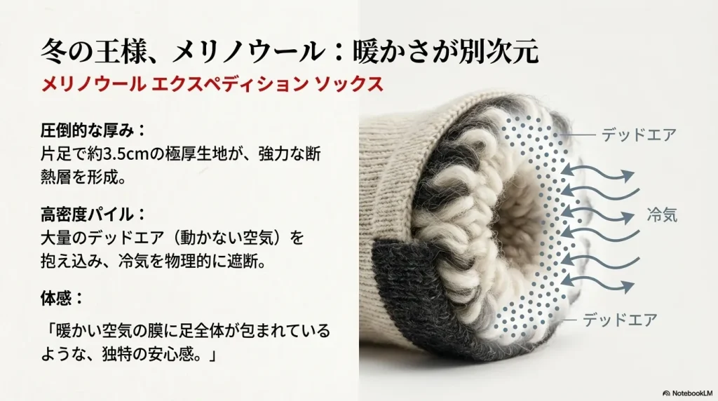 雪山登山靴と極厚手のメリノウールソックス、デッドエアを抱え込み冷気を遮断するパイル構造の説明
