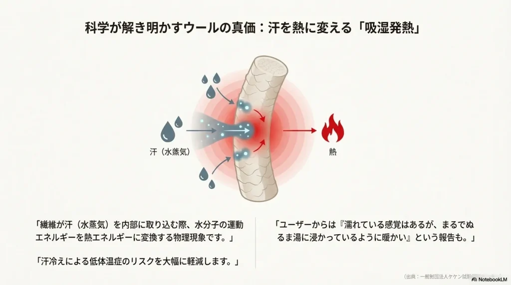 繊維が汗などの水蒸気を吸収し、運動エネルギーを熱エネルギーに変換する物理現象の図解