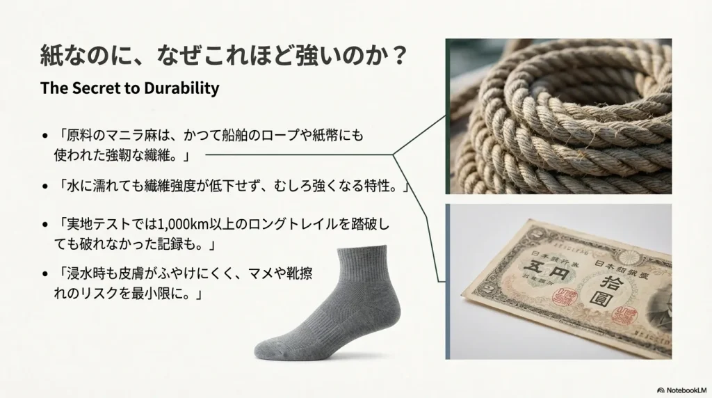 マニラ麻のロープと古い日本紙幣（5円、10円札）、水に強く耐久性が高いことを示すイメージ