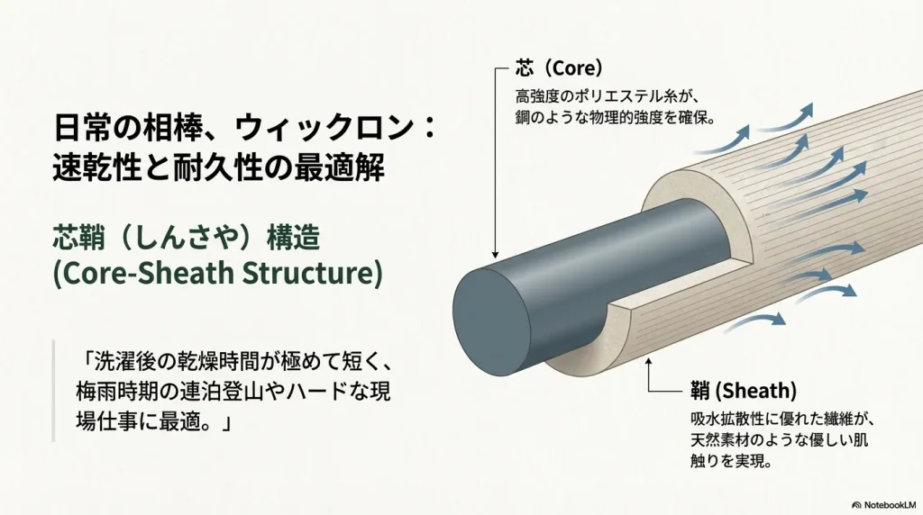 高強度のポリエステル芯を吸水拡散性に優れた繊維で包み込んだ、芯鞘構造の糸の断面図